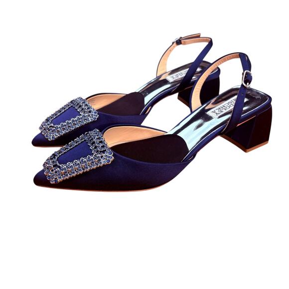 Badgley Mischka Navy Satin Pointed-Toe Slingback Heels w/ Crystal Buckle sz 8.5 - Picture 1 of 12